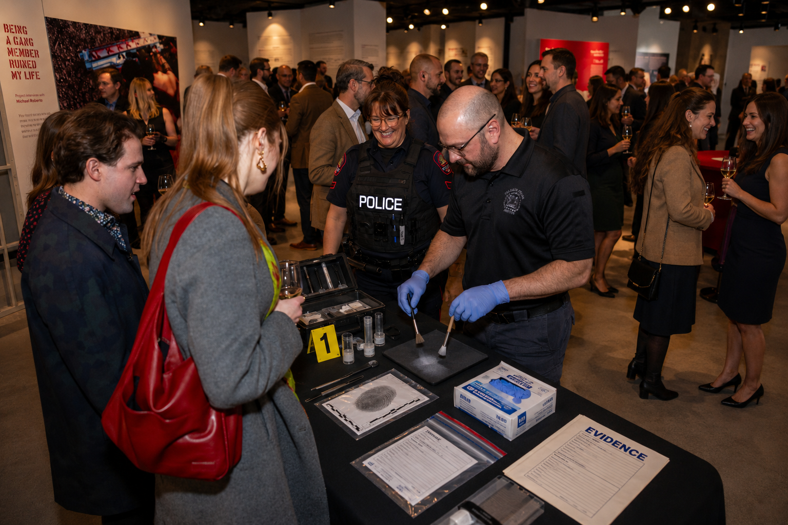 Police officers demonstrate fingerprint dusting at an evidence table during crowded indoor event.