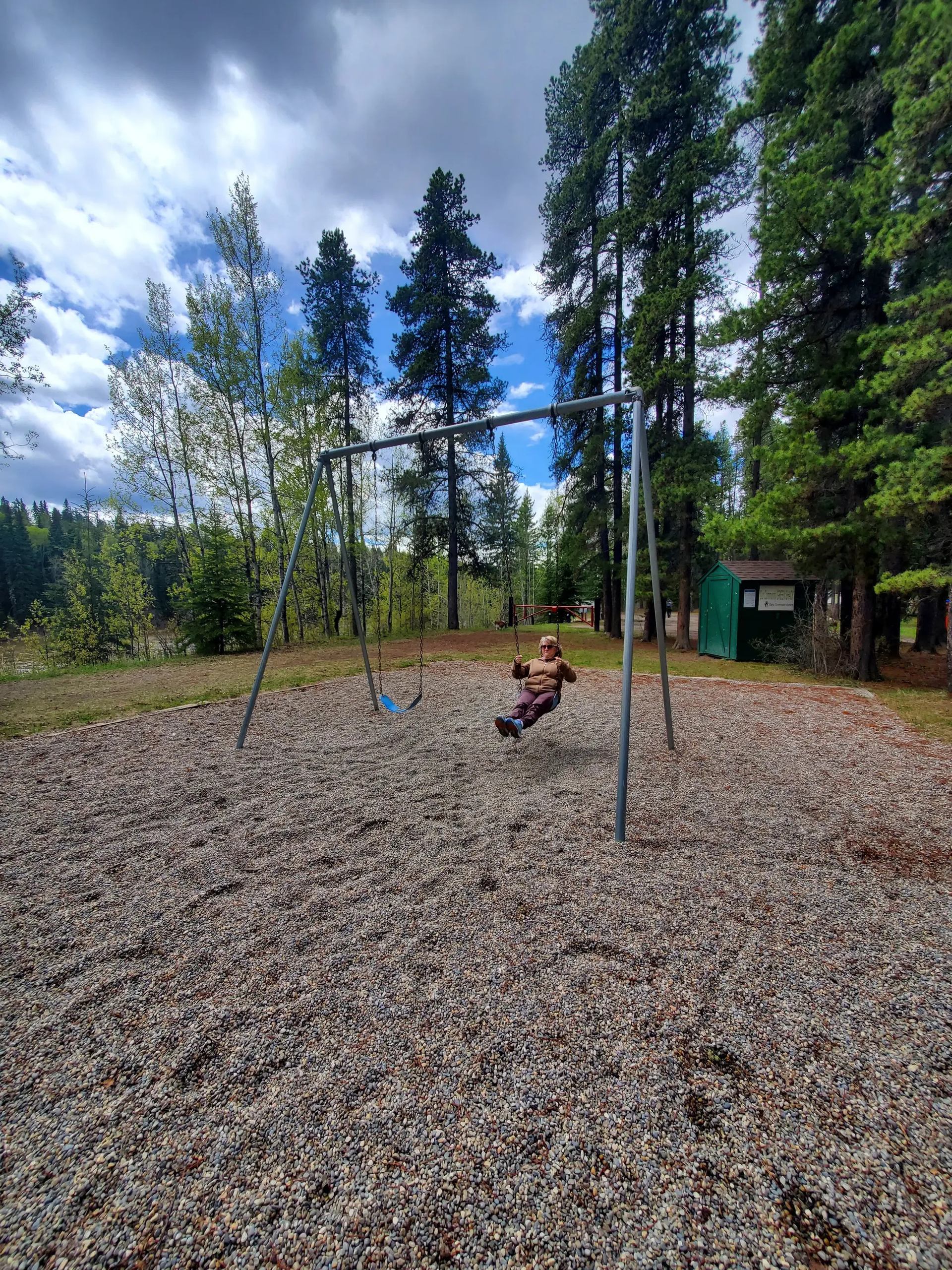 Child on swing set in gravel playground surrounded by tall evergreen trees and clouds.