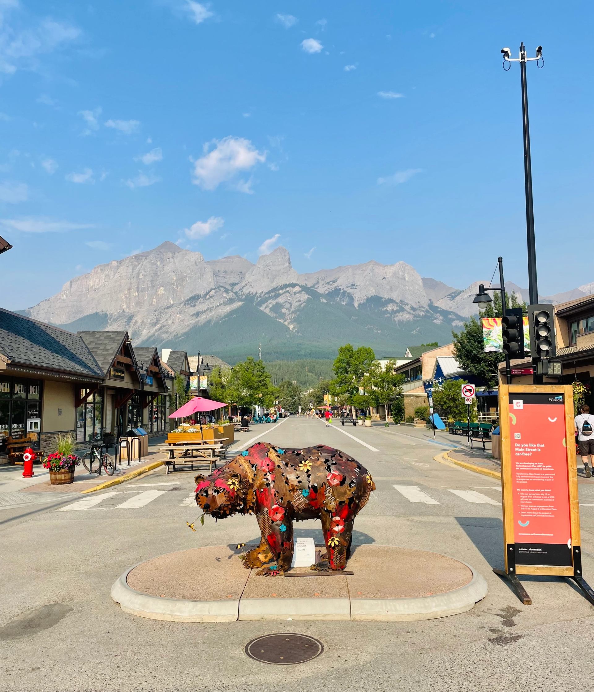 Pedestrian zone on main street in beautiful mountain town of Canmore, Alberta