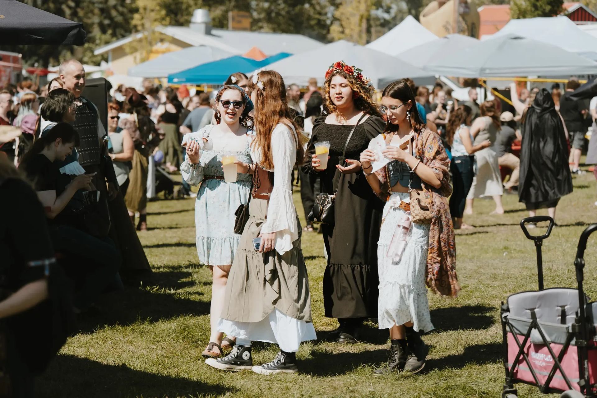Group in fantasy and medieval attire at outdoor Vegreville faire with tents behind.
