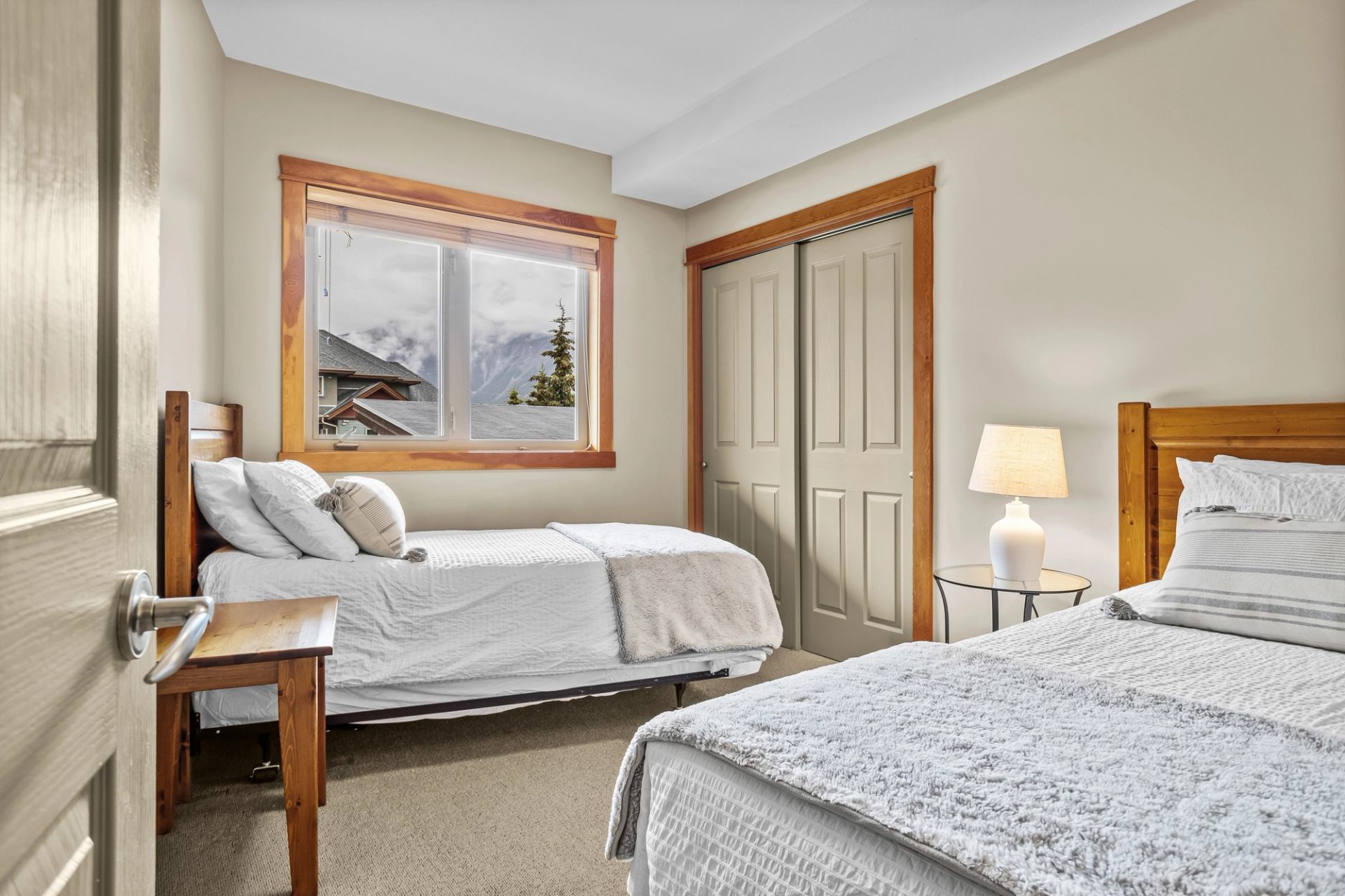 Bedroom with two wooden beds, a bedside lamp, closet and mountain-view window.