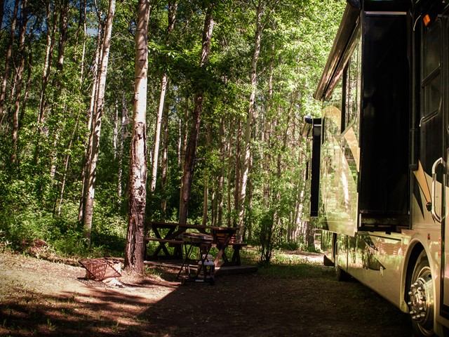 RV parked in a wooded campsite with picnic table at Heart River Golf Course.