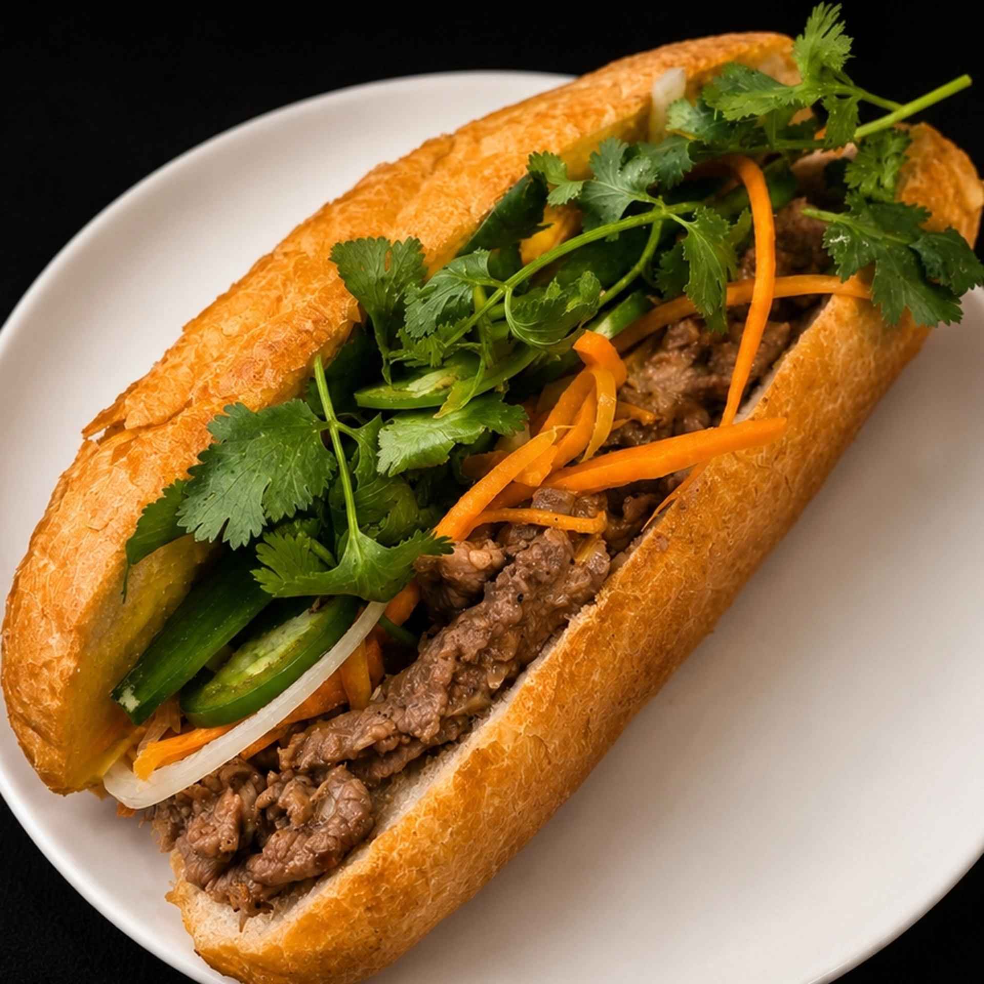 Baguette sandwich with sliced beef, pickled vegetables, cucumber and fresh cilantro on plate.