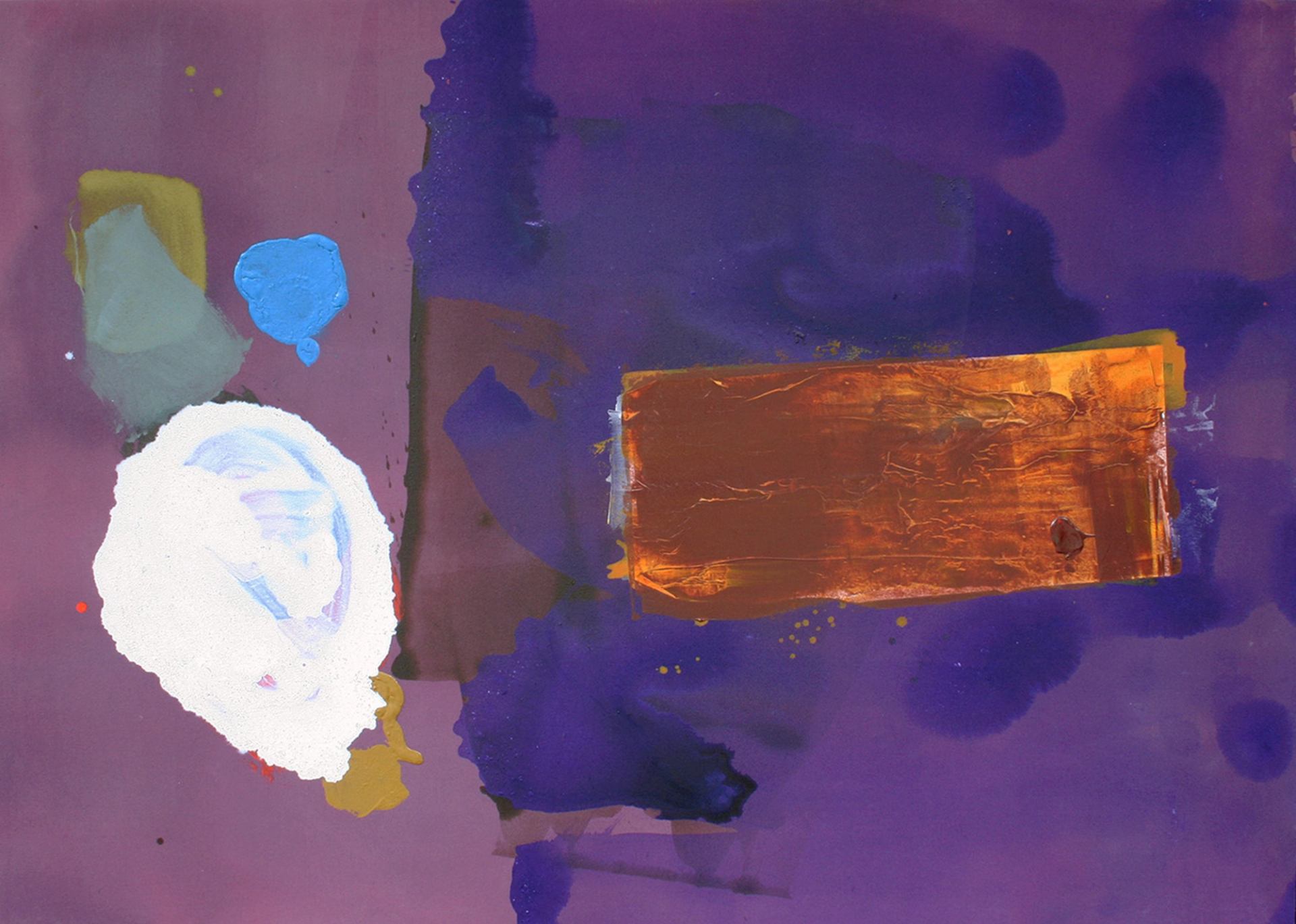 Abstract painting with purple fields, a white oval and a textured orange rectangle.