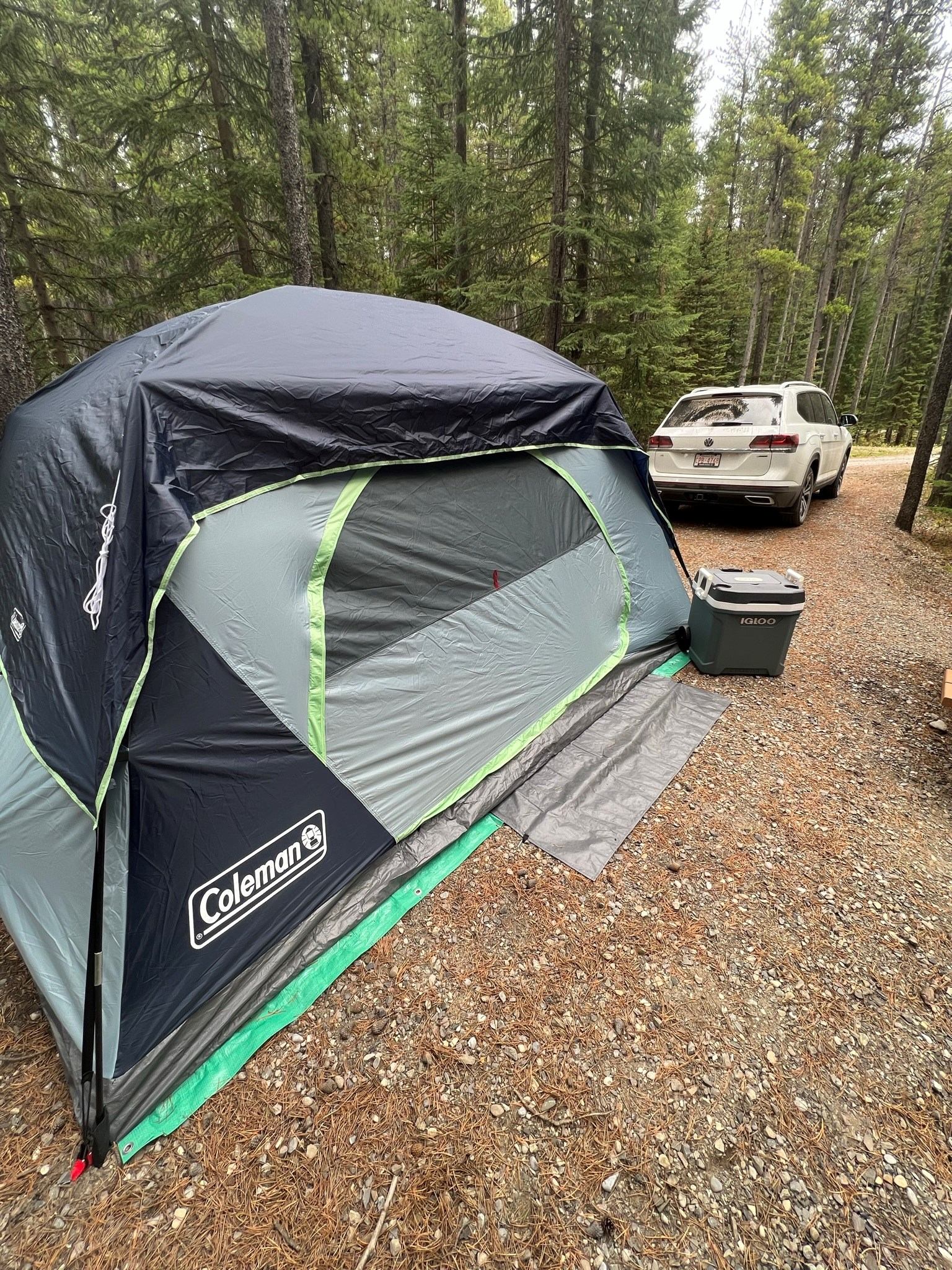 Coleman tent in forest campsite with car and cooler nearby.
