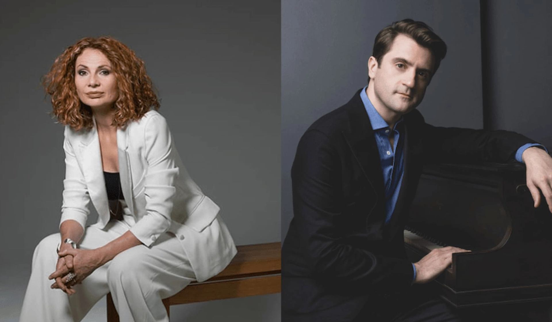 Two people in formal suits sit separately, one on bench, one at piano.