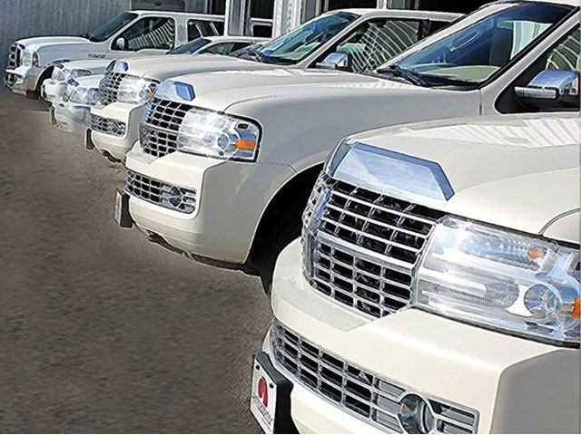 Row of white Ambassador Limousine SUVs parked side by side in a lot.