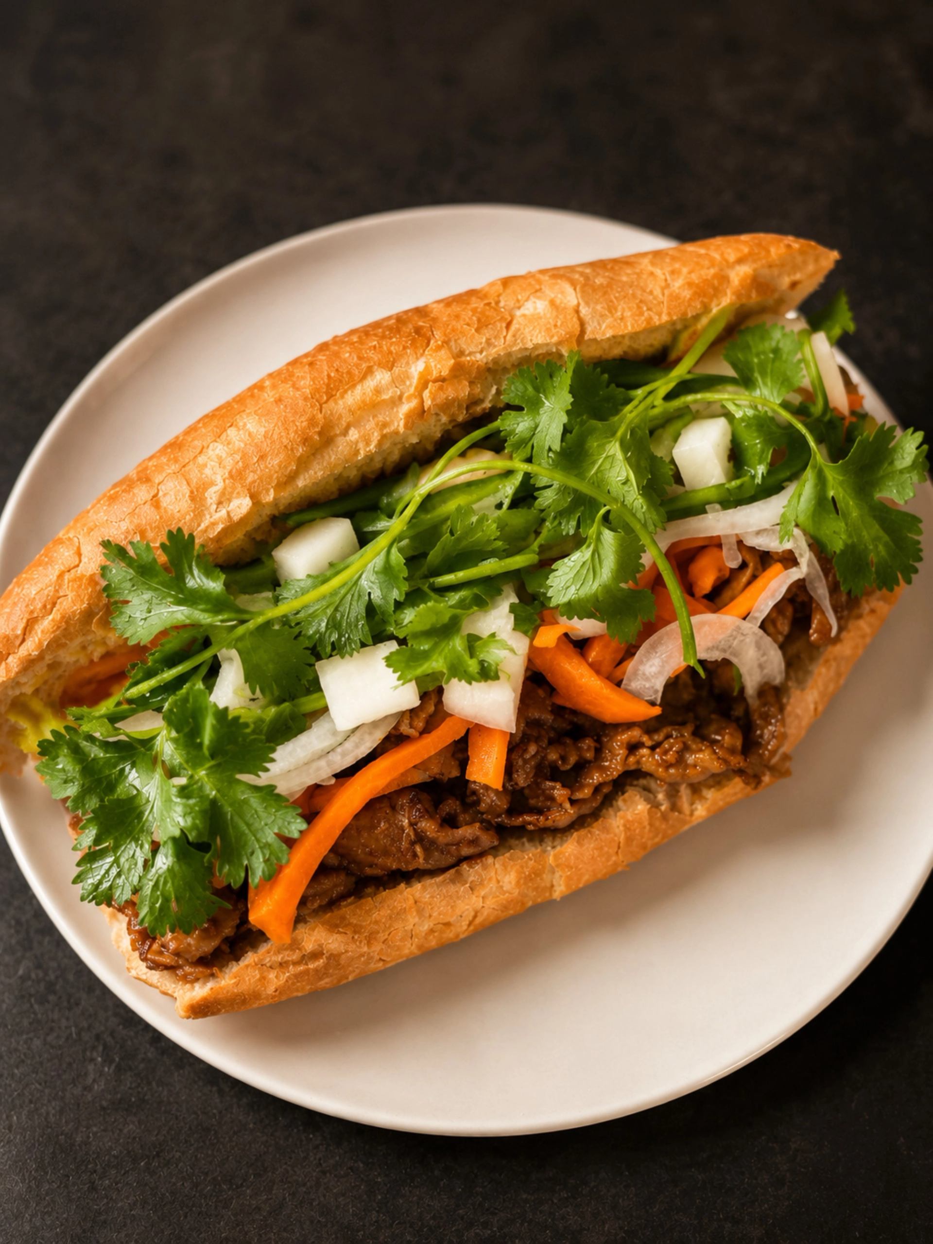 Baguette sandwich with sliced meat, pickled vegetables and cilantro on a white plate.