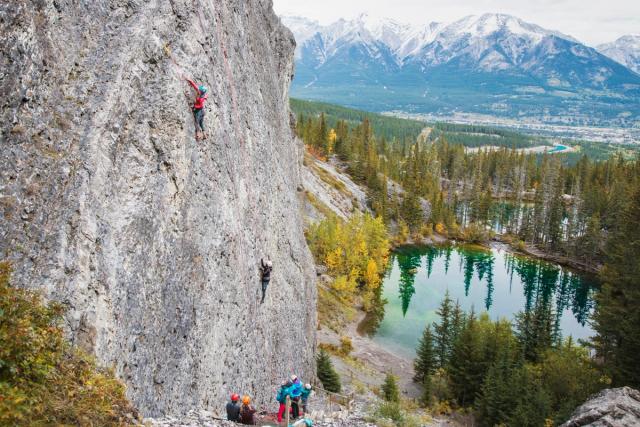 Group of women rock climbing near Canmore.