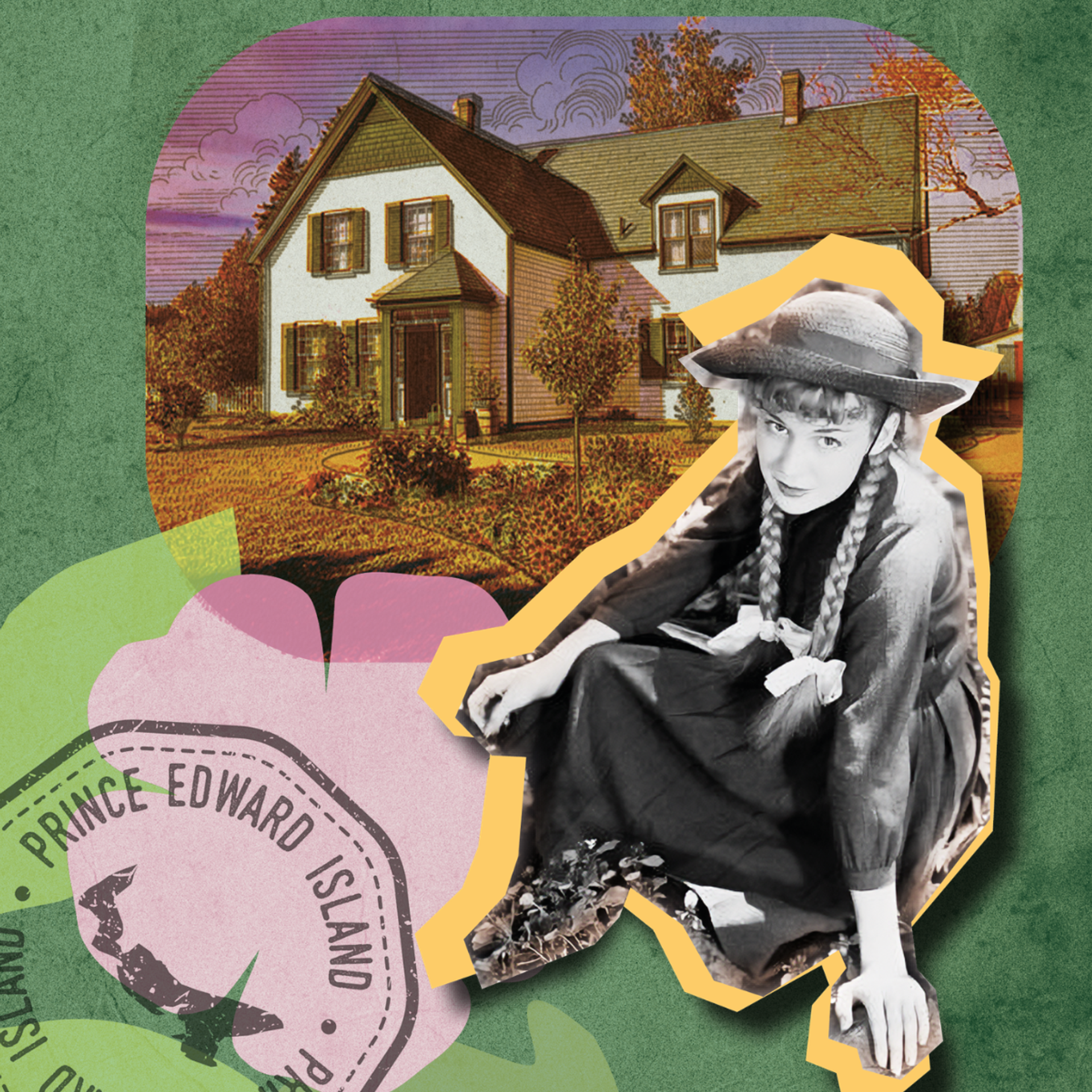 Collage of farmhouse, braided girl in hat, and Prince Edward Island stamp.