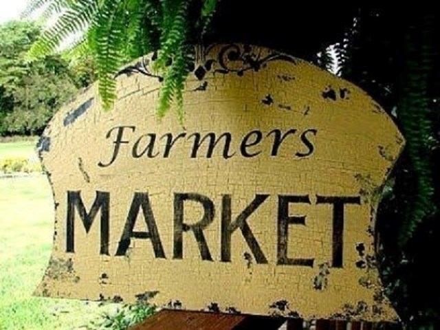 Farmers Market sign mounted on a fence among green plants and trees.