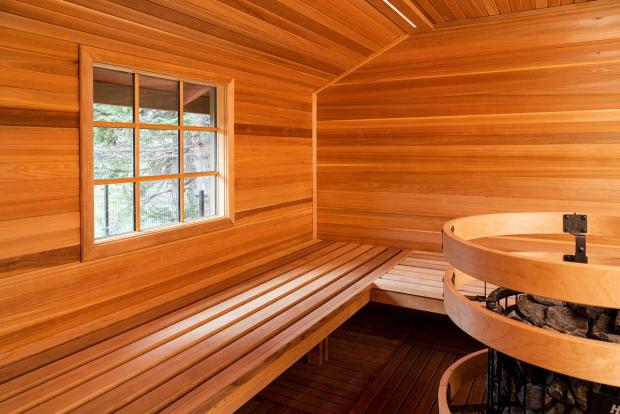 The inside of a sauna at the Hidden Ridge Resort in Banff, Alberta.