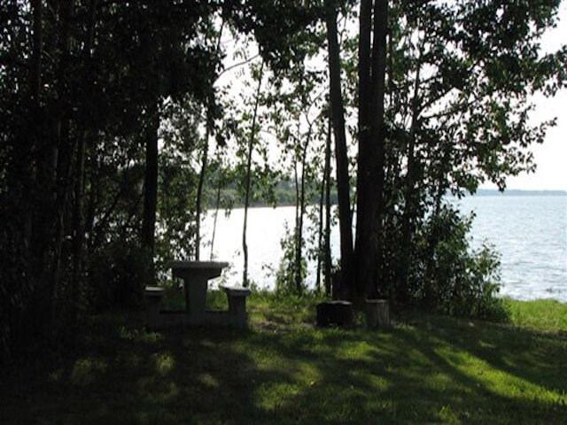 Campground tables and fire pits beside a lake, framed by trees and grass.