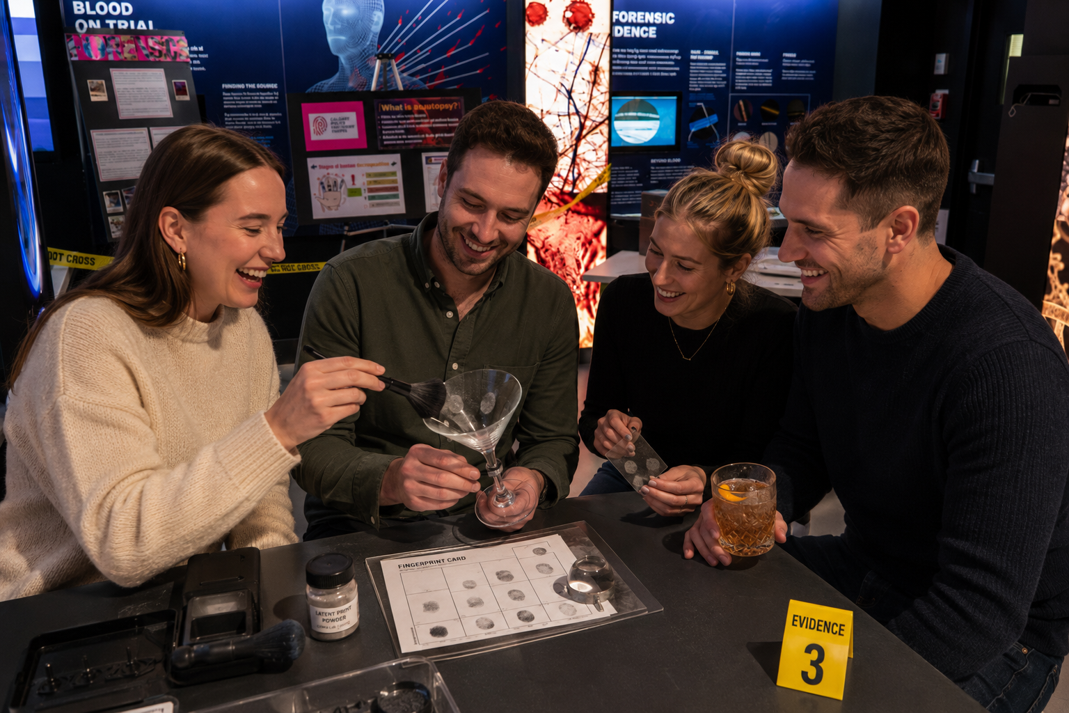 Group examines fingerprints with brushes and powder at a forensic science exhibit.
