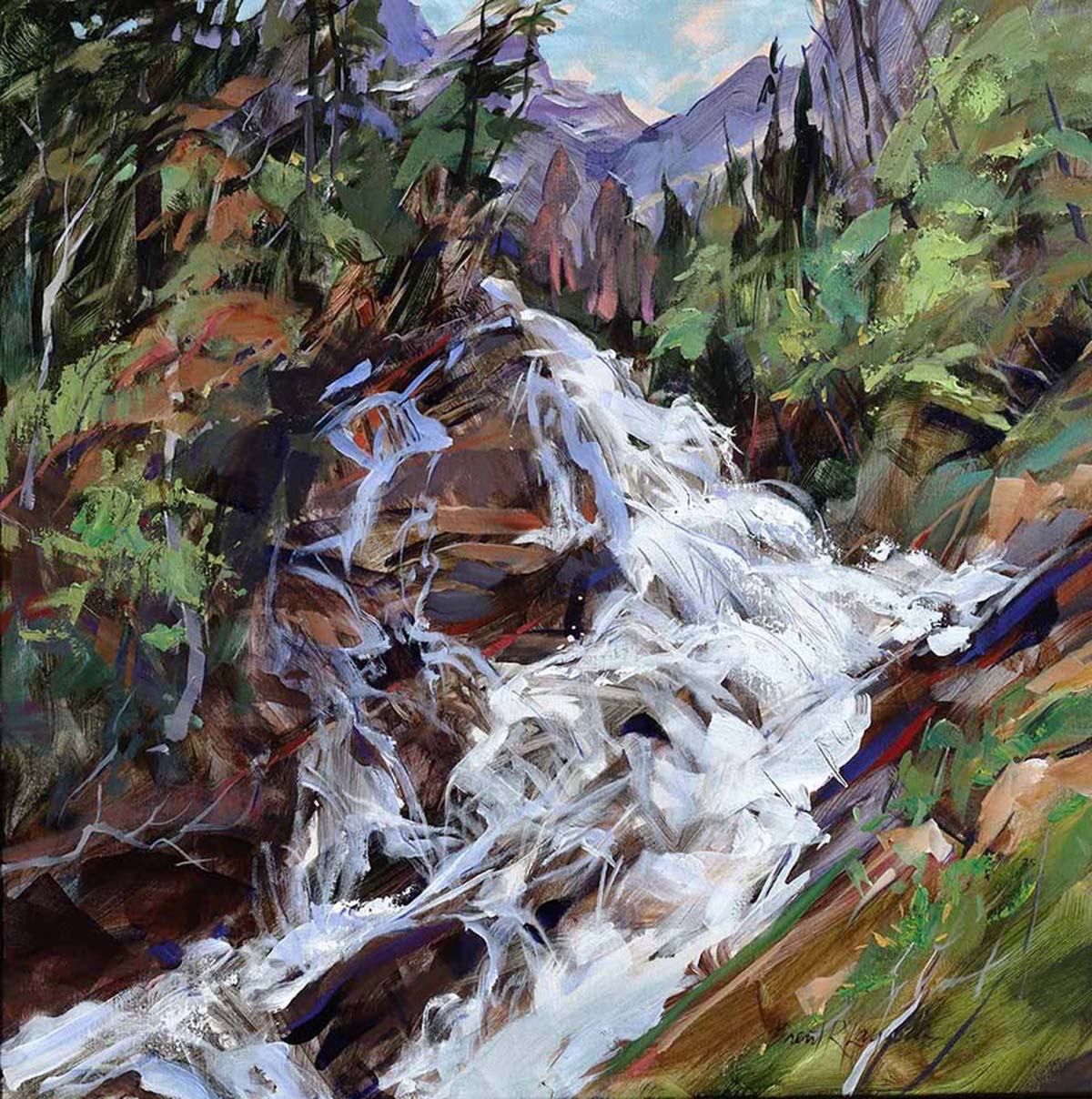 Colourful painting of a rushing mountain stream amid rocks, trees and distant peaks.