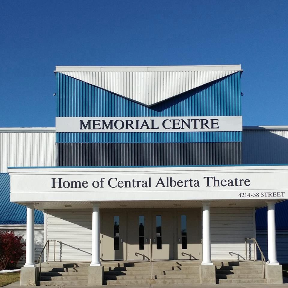 Memorial Centre building façade with “Home of Central Alberta Theatre” sign and steps.