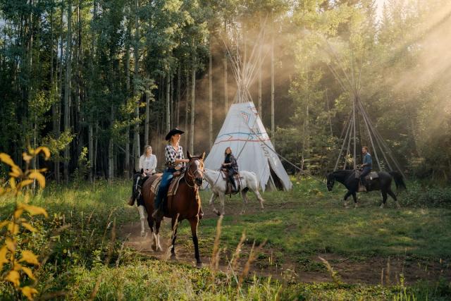 A group on a horseback guided tour with a tipi in the background.