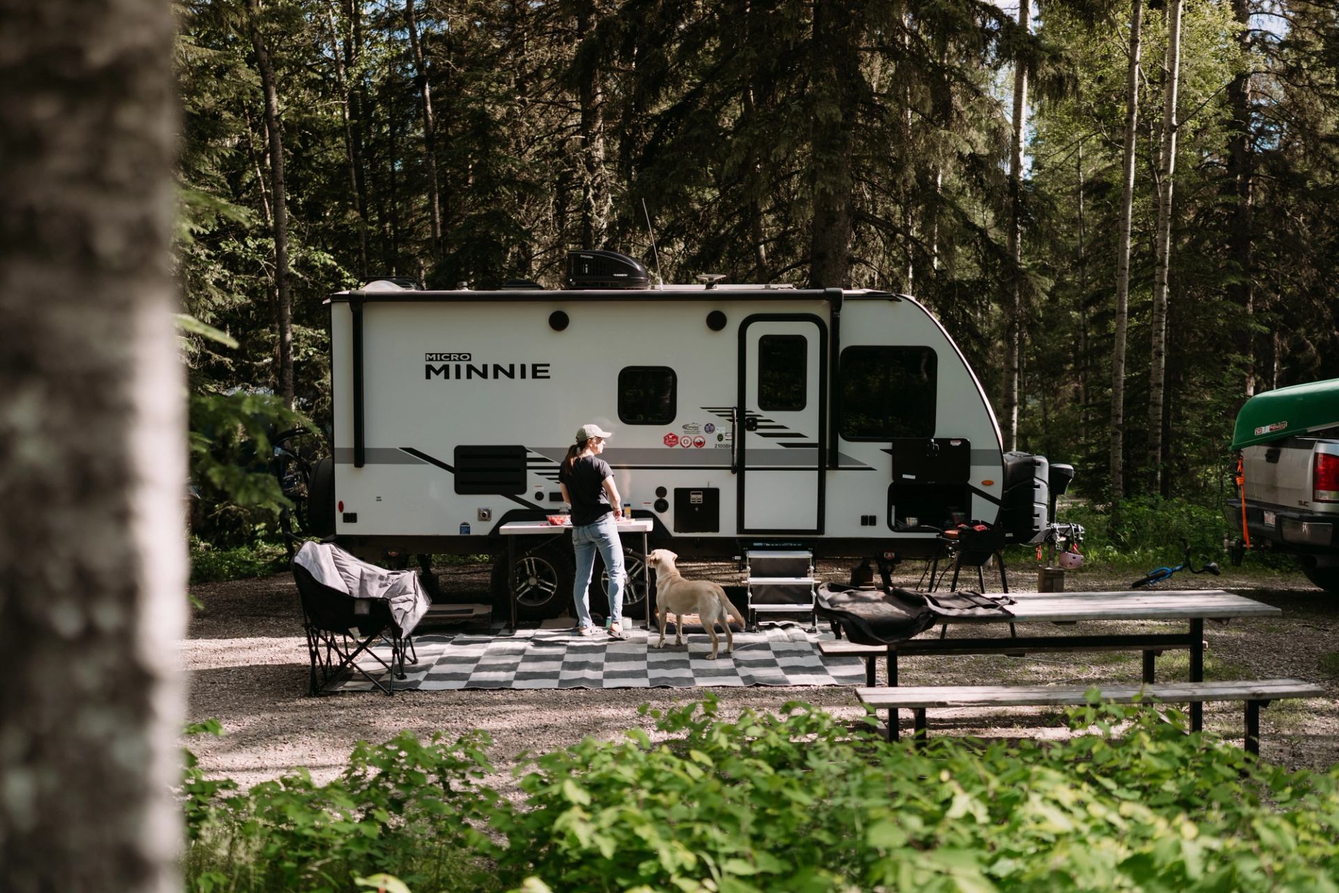 RV campsite with dog, chairs, and picnic table among tall trees.