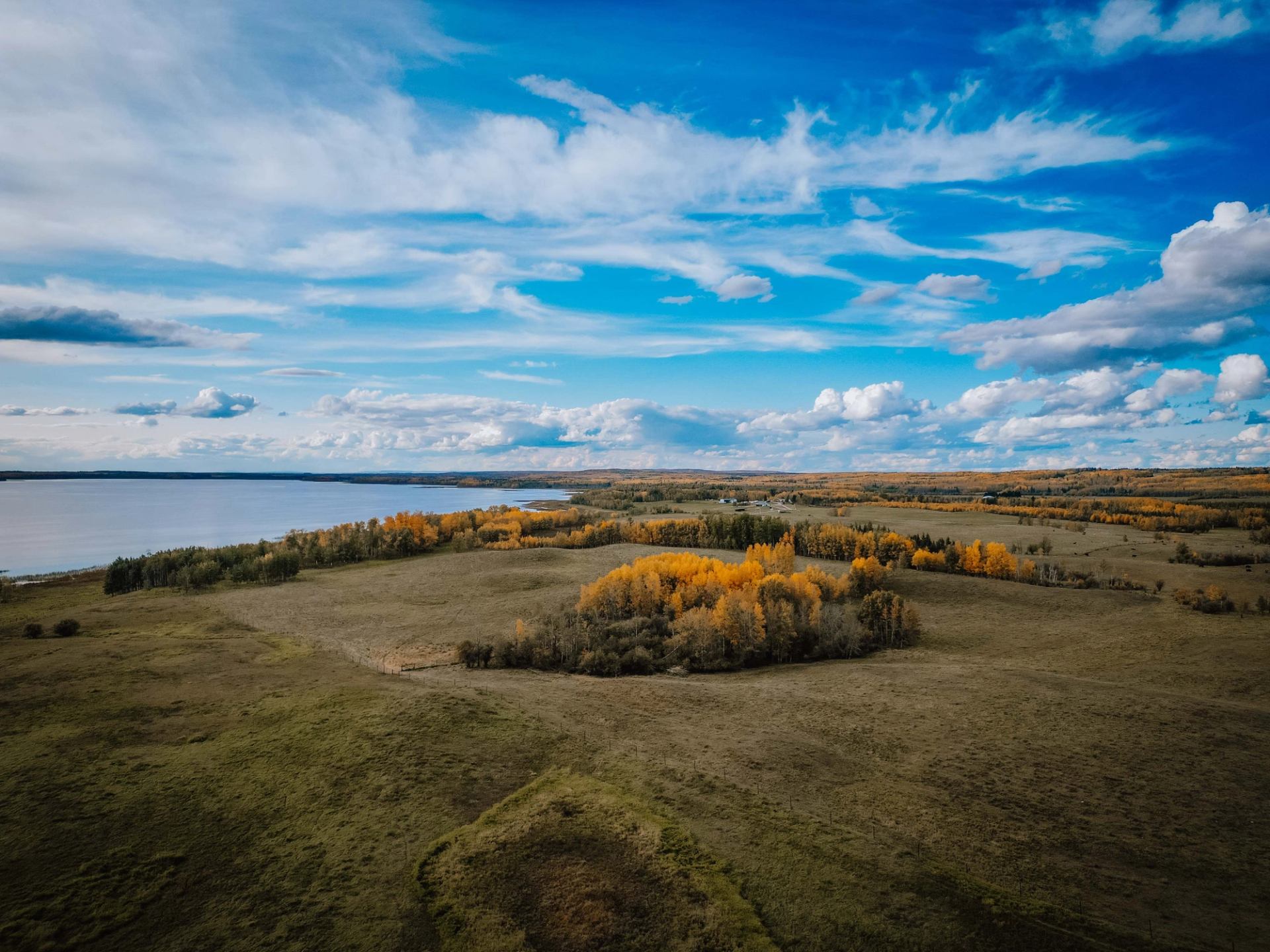 A wide open landscape with colorful autumn trees and a peaceful lake under a blue sky.