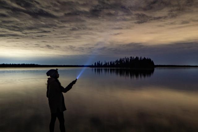 Person star gazing under the northern lights at Beaver Hills Dark Sky Preserve in Elk Island National Park.