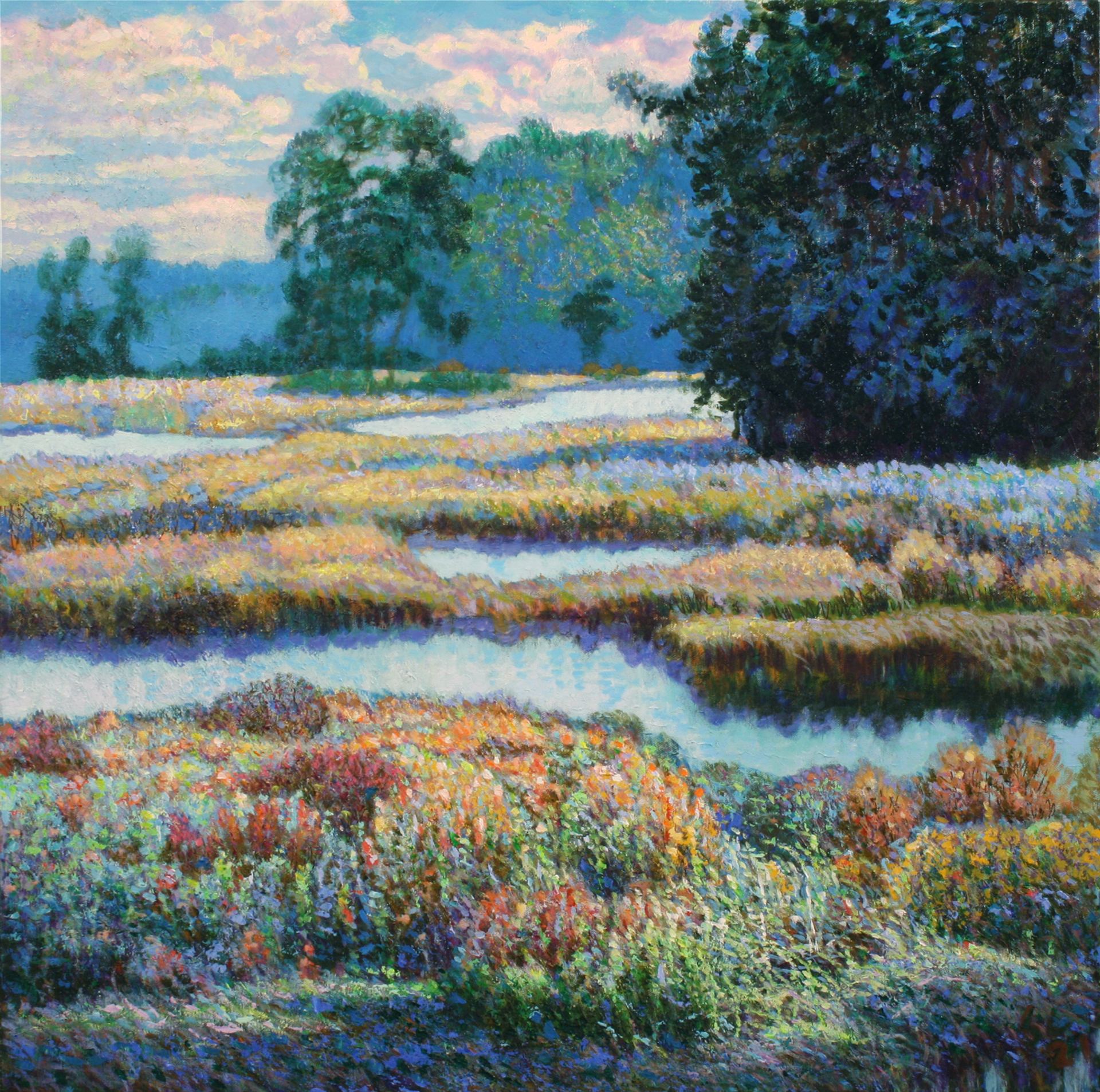 Colourful landscape painting of winding waterways, grassy banks and dense trees.