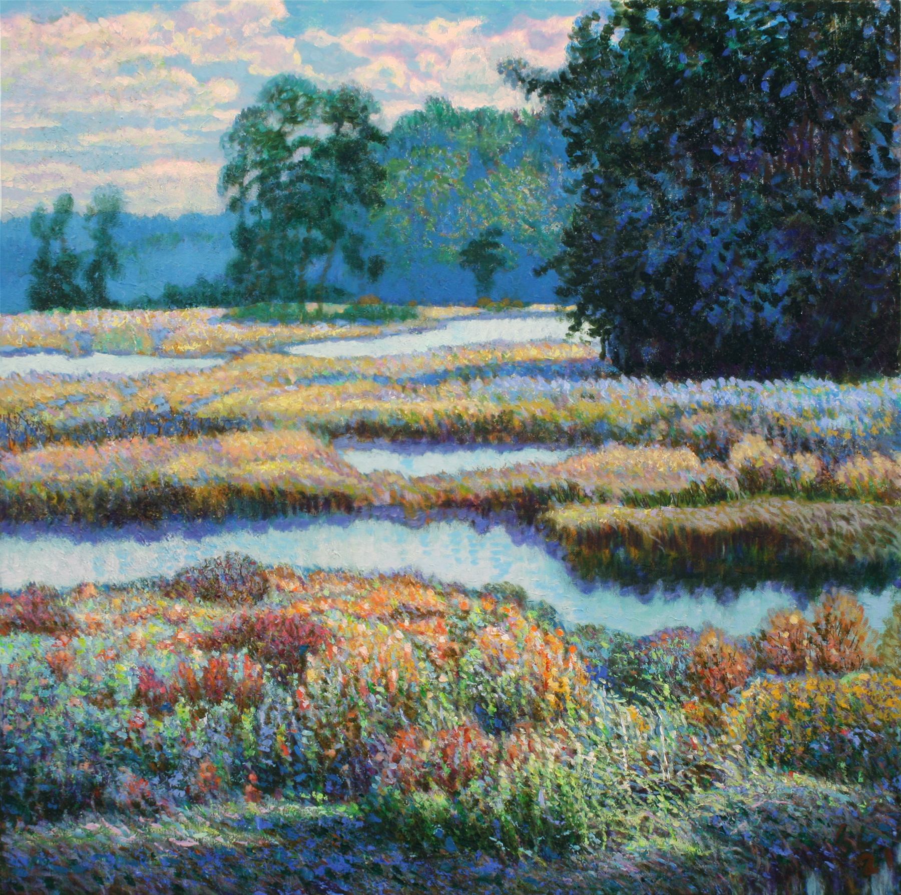 Colourful landscape painting of winding waterways, grassy banks and dense trees.
