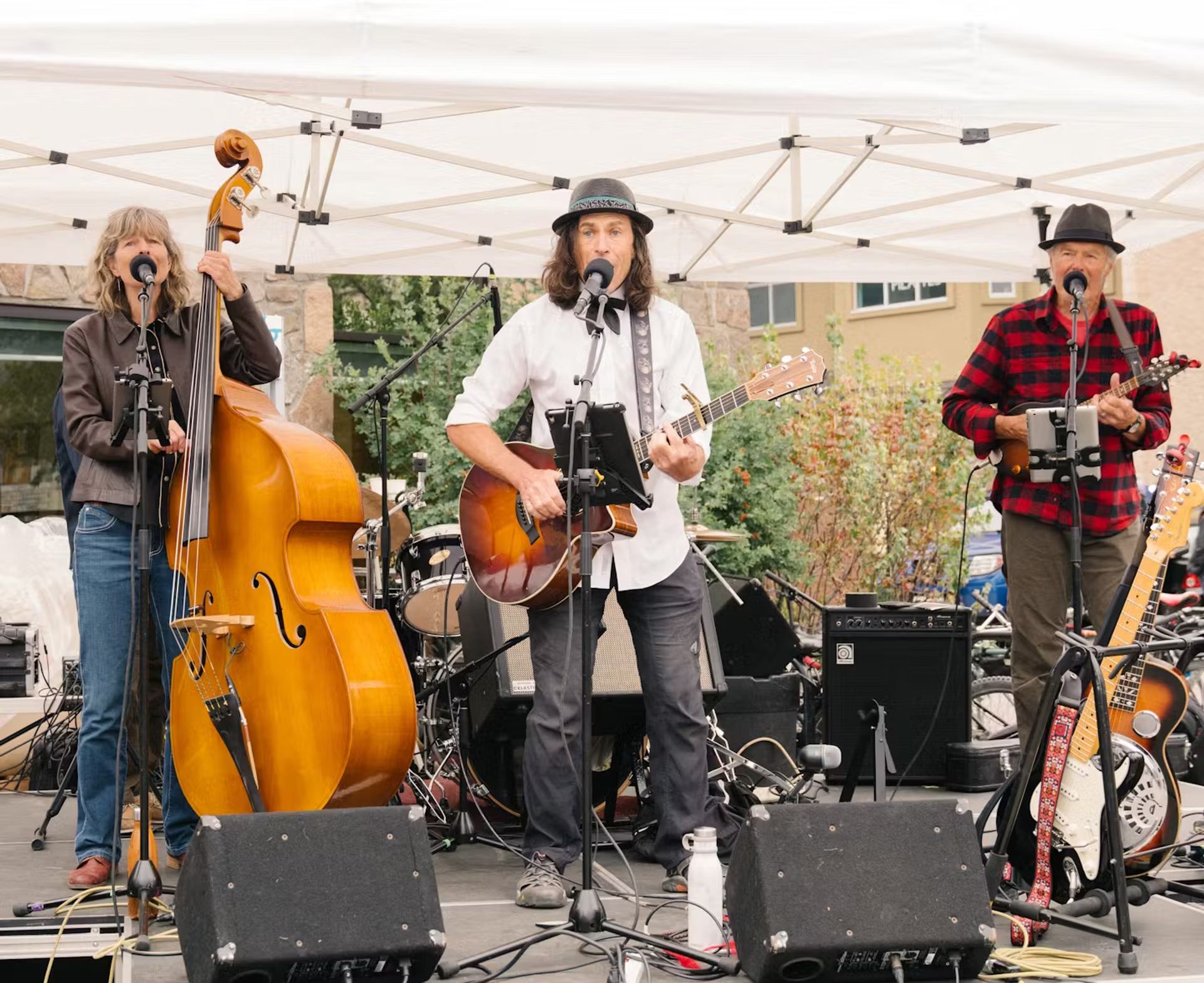 A folk band performs live under a canopy, featuring upright bass, guitar, and mandolin.