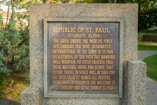 Plaque at UFO Landing Pad in St. Paul, Alberta.