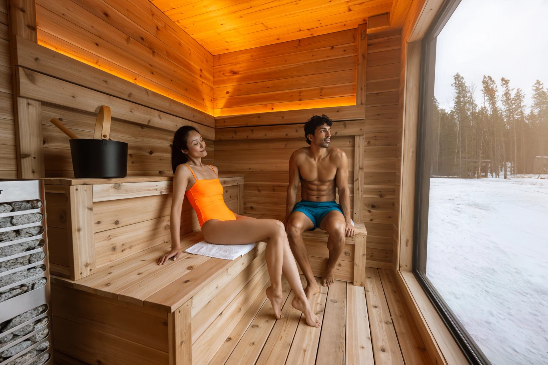 Two people in swimwear sit inside a wooden sauna overlooking a snowy forest.