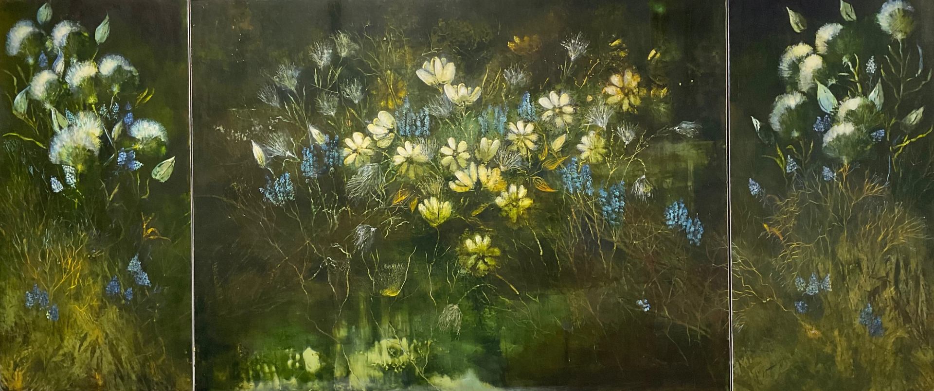 An abstract three-panel painting depicting white, yellow, and blue flowers against a dark green background.