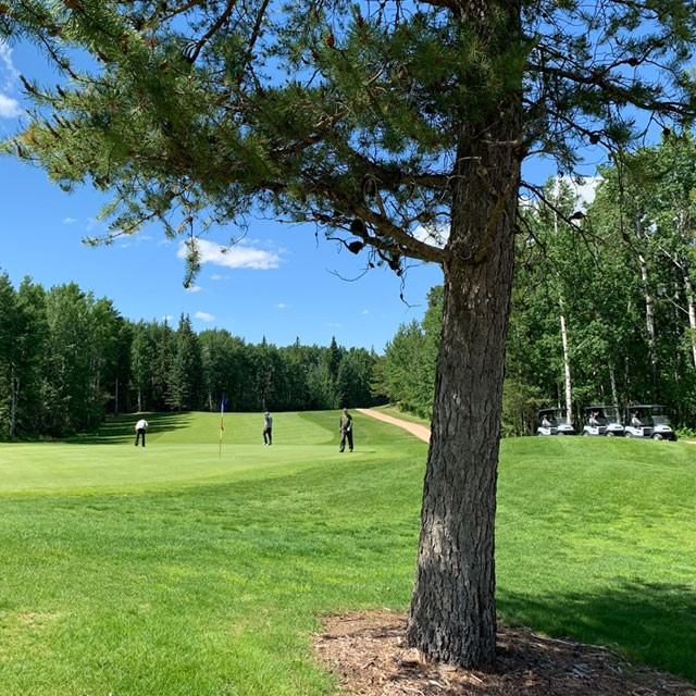 Golfers putting on a green at The Dunes Golf & Winter Club with trees, fairway, and carts nearby.