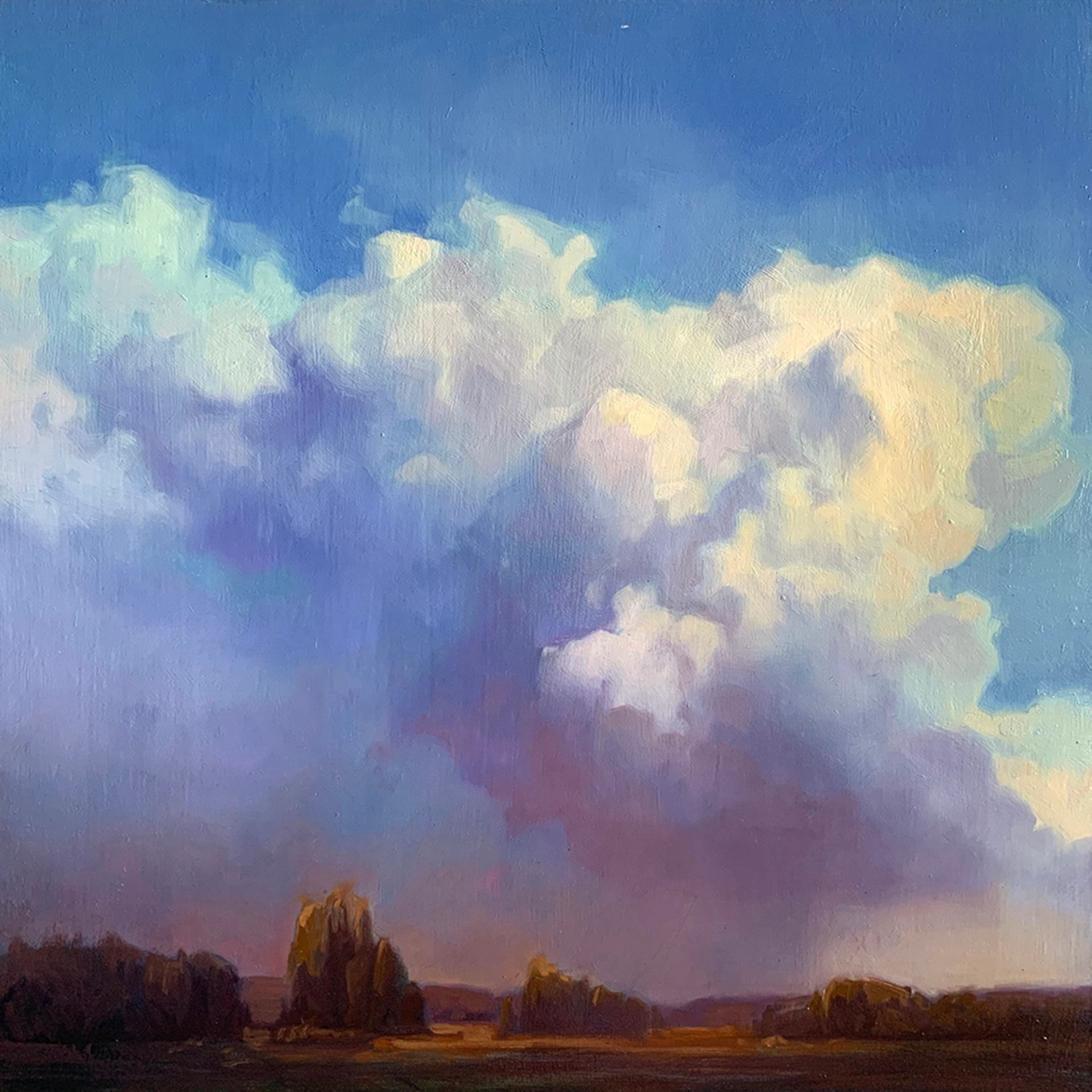 Landscape painting of towering pastel clouds above dark fields and clusters of trees.