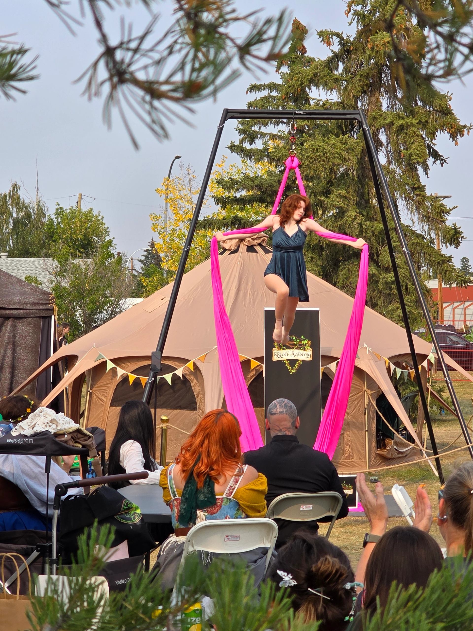 An aerial silk performer on pink silks performing before an outdoor audience.