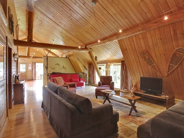 Rustic living room with wood-paneled walls, sofas, TV, and natural light at Folk Tree Lodge.