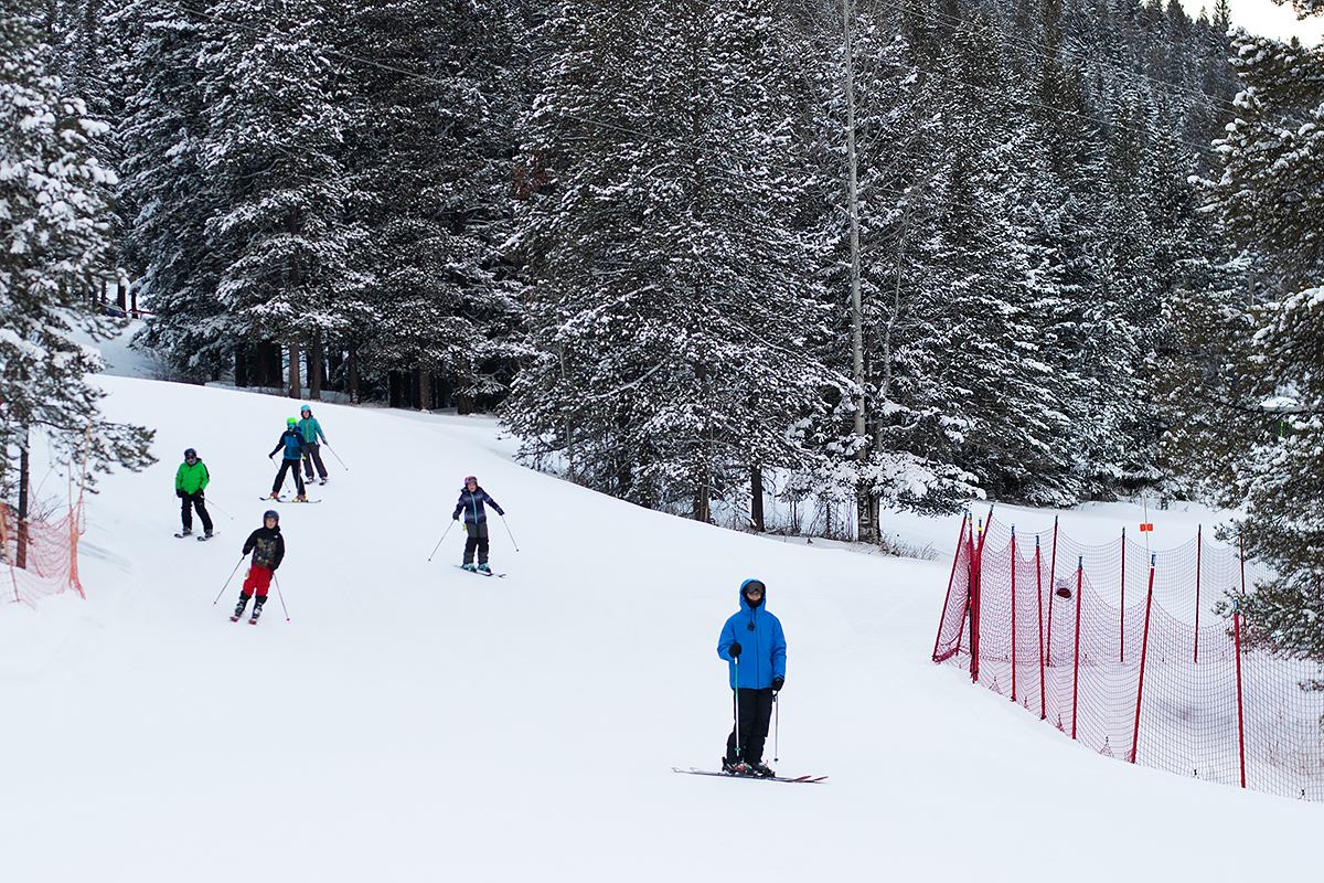 Skiers on a snow-covered slope beside red safety fencing and snowy pine trees.