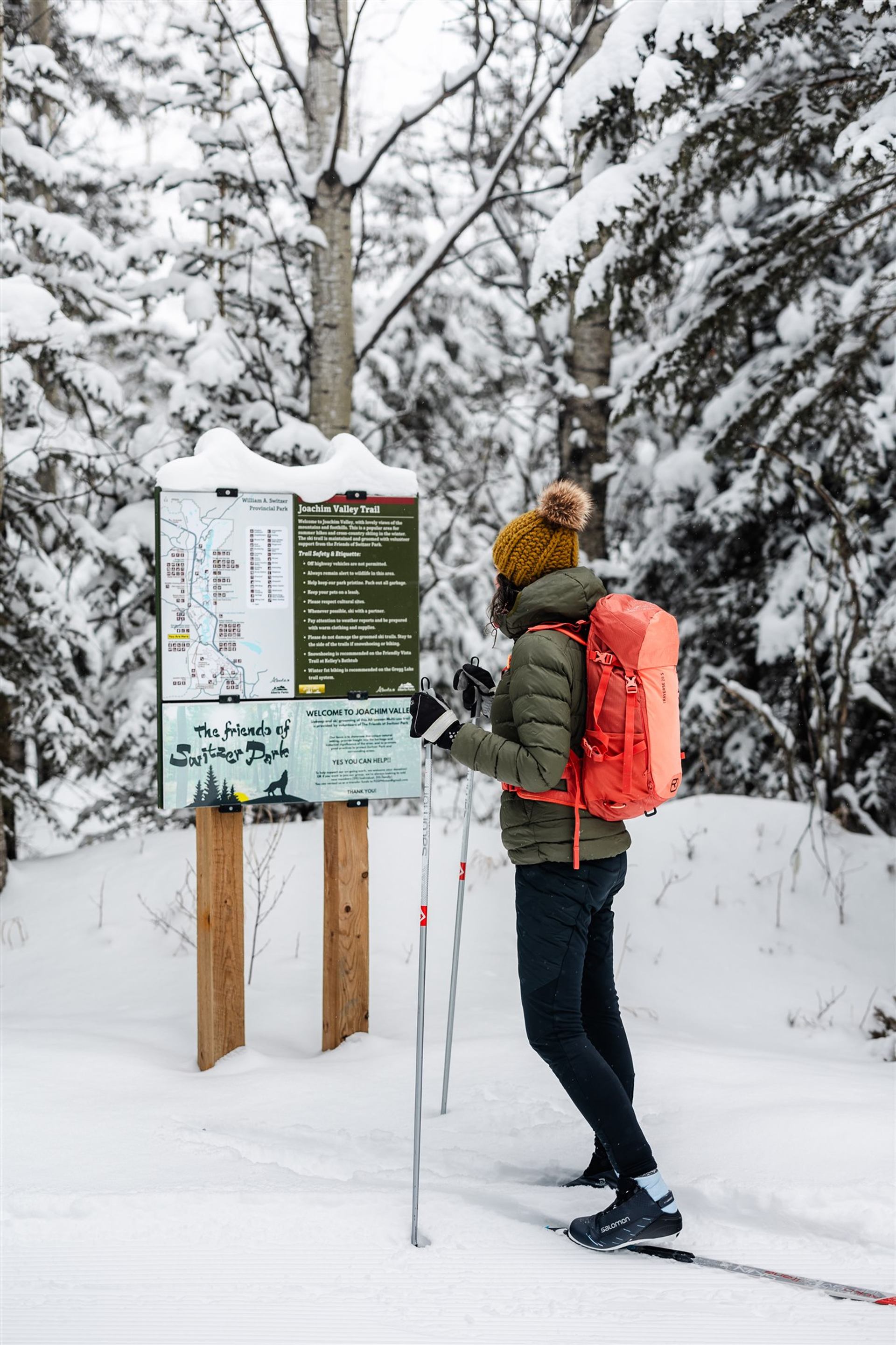 Person on skis reads a trail sign surrounded by snow-covered trees in Joachim Valley.