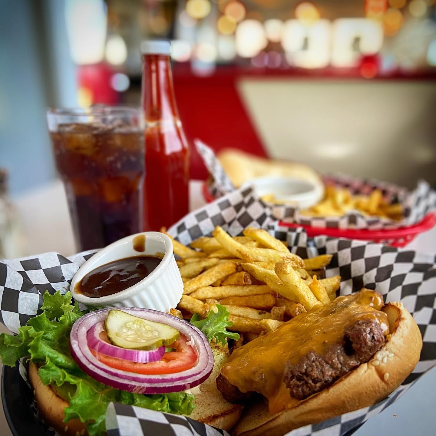 Classic burger and frys available at the Starlite Diner Car.