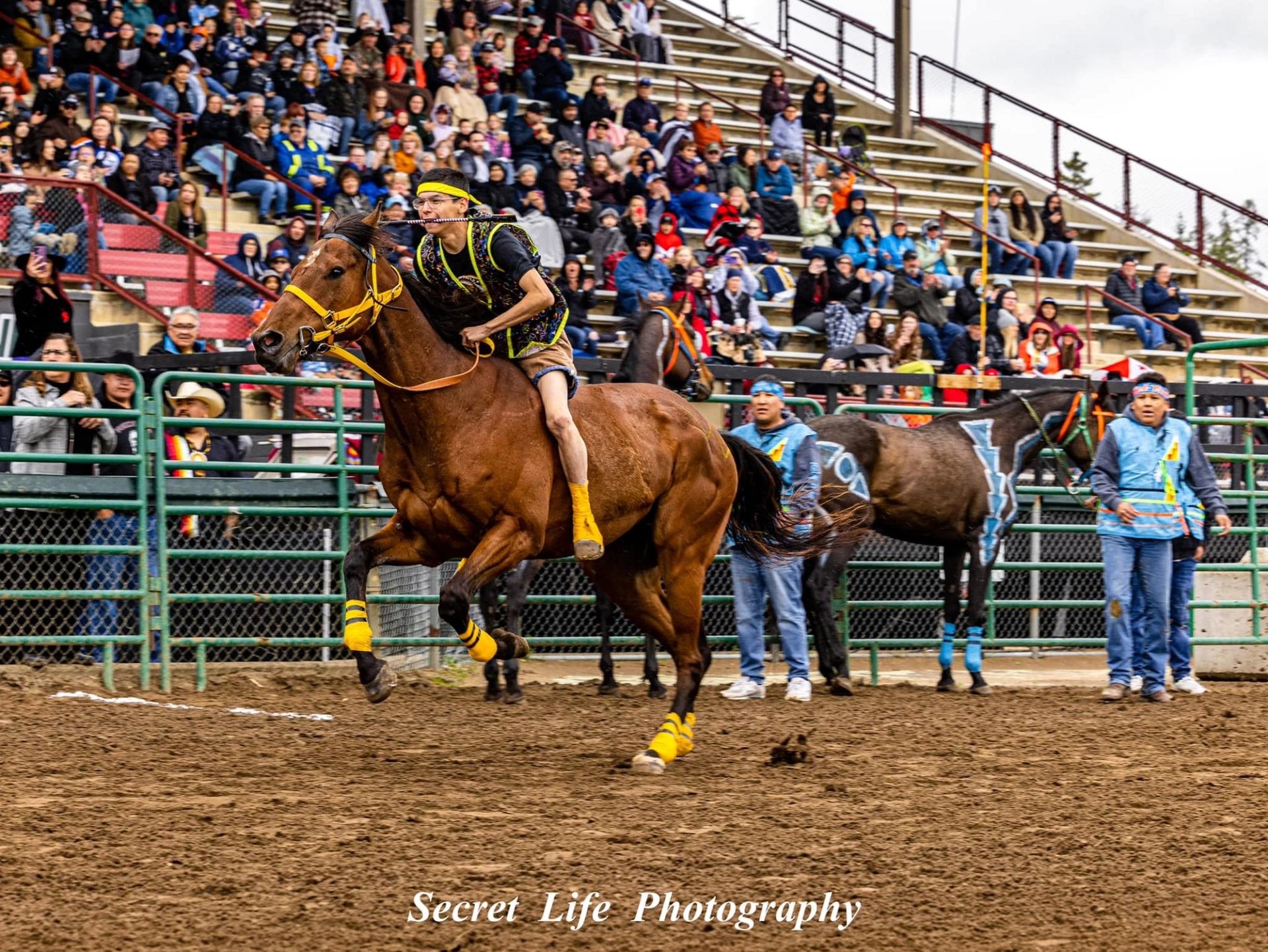 Rider launching forward on a horse as spectators watch from the stands.