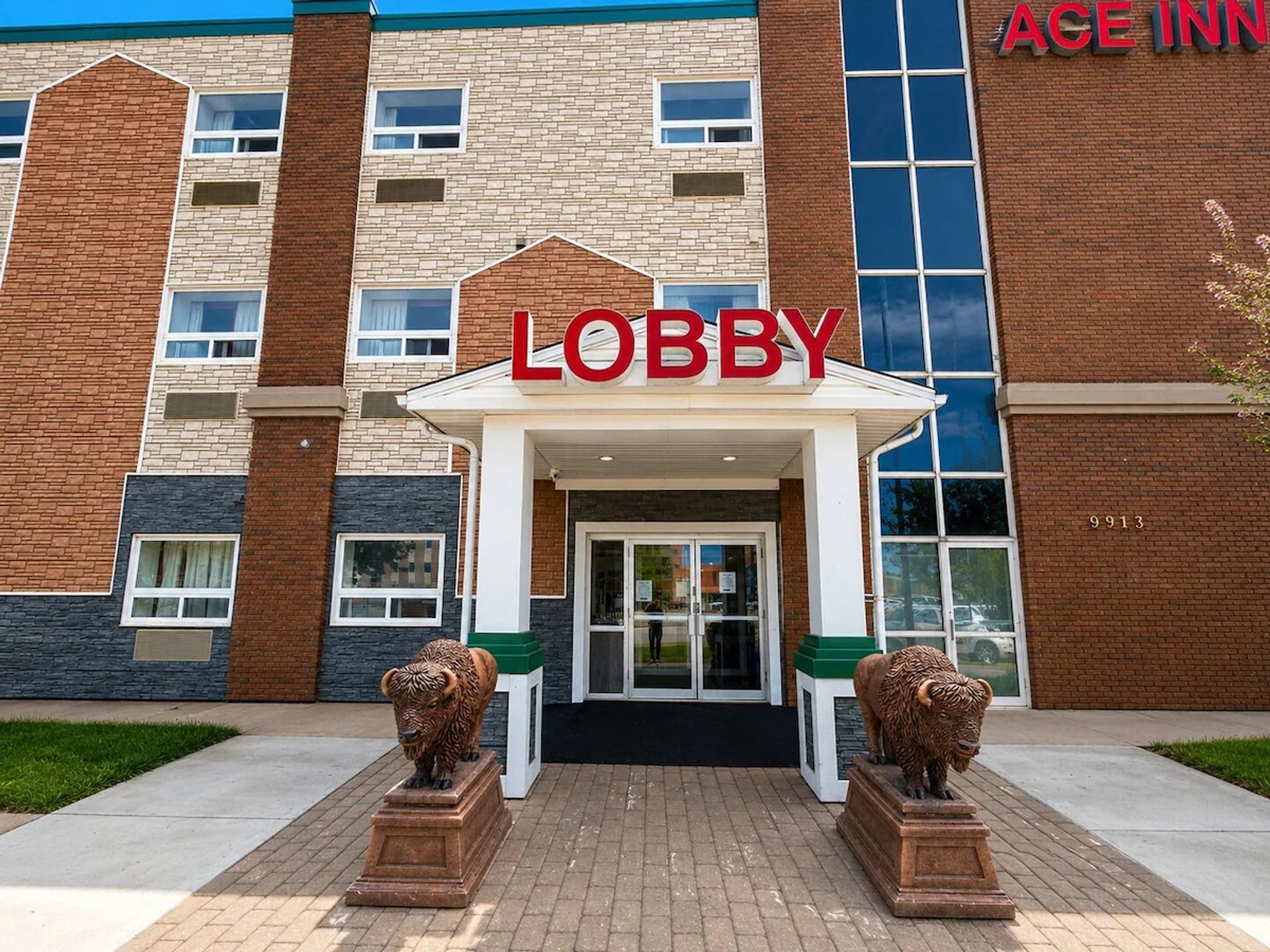 The Ace Inn lobby entrance features red signage, glass doors, and two bison statues outside.
