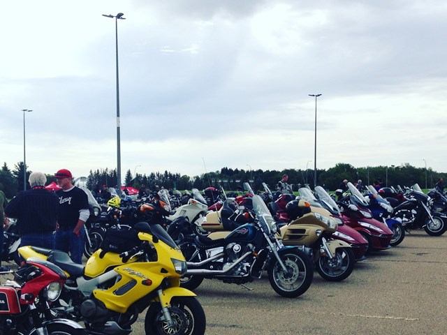 Motorcycles parked in rows at an outdoor event with people standing nearby.