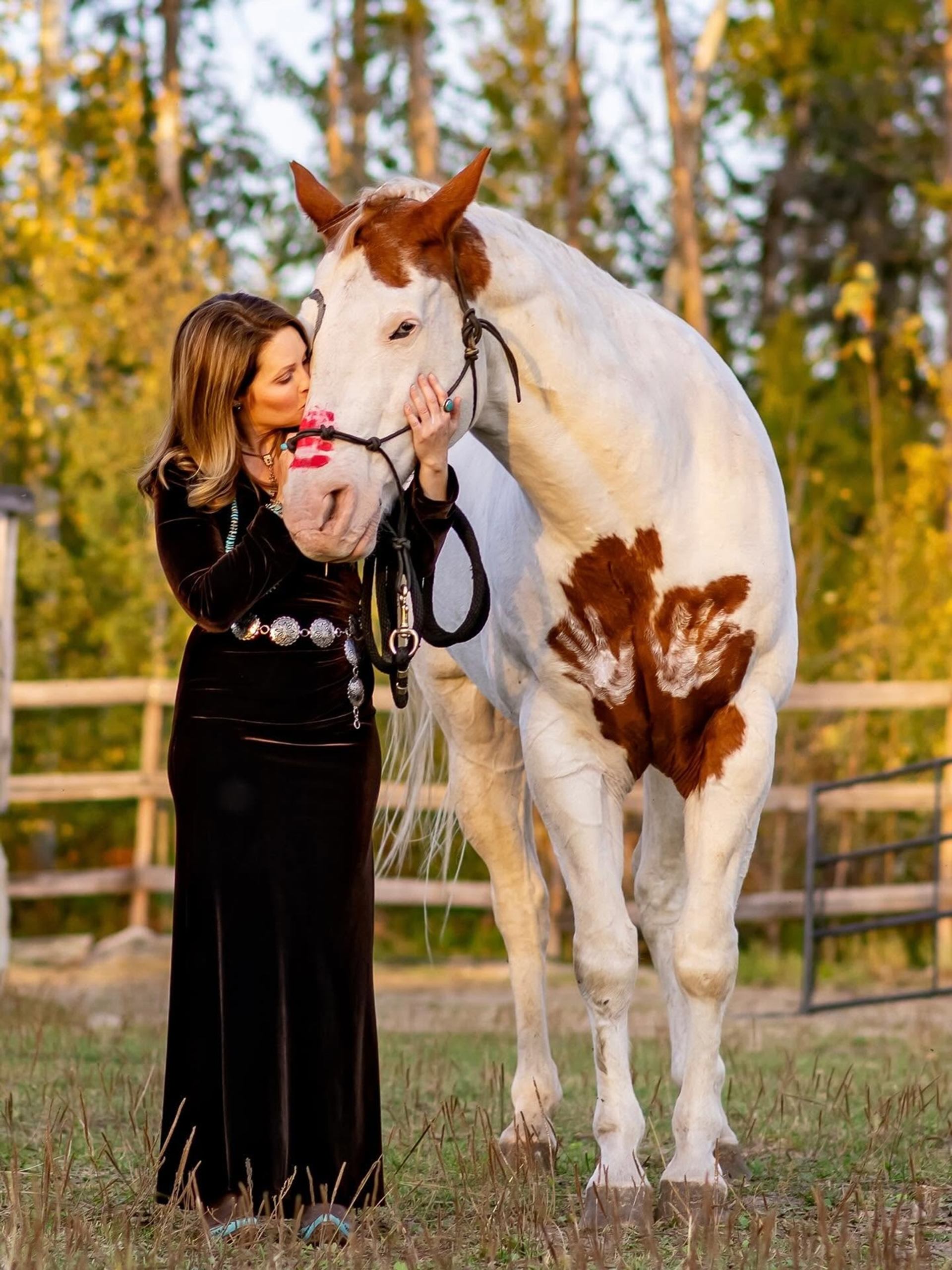 Person in a black dress kisses a white and brown horse beside a wooden fence.