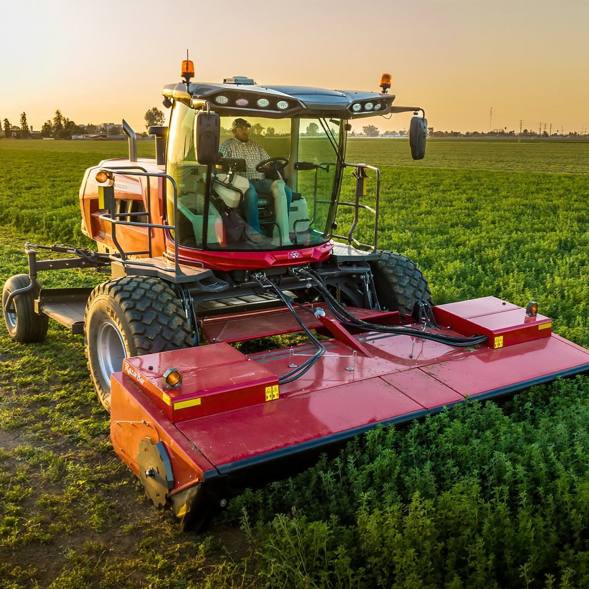 Red self-propelled swather cuts green crop in flat field under clear sky.