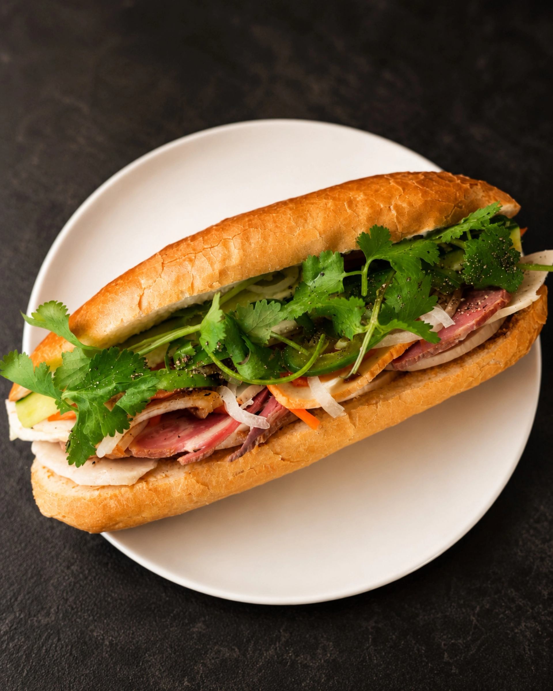 Bánh mì sandwich on white plate with sliced meats, pickled vegetables and cilantro.