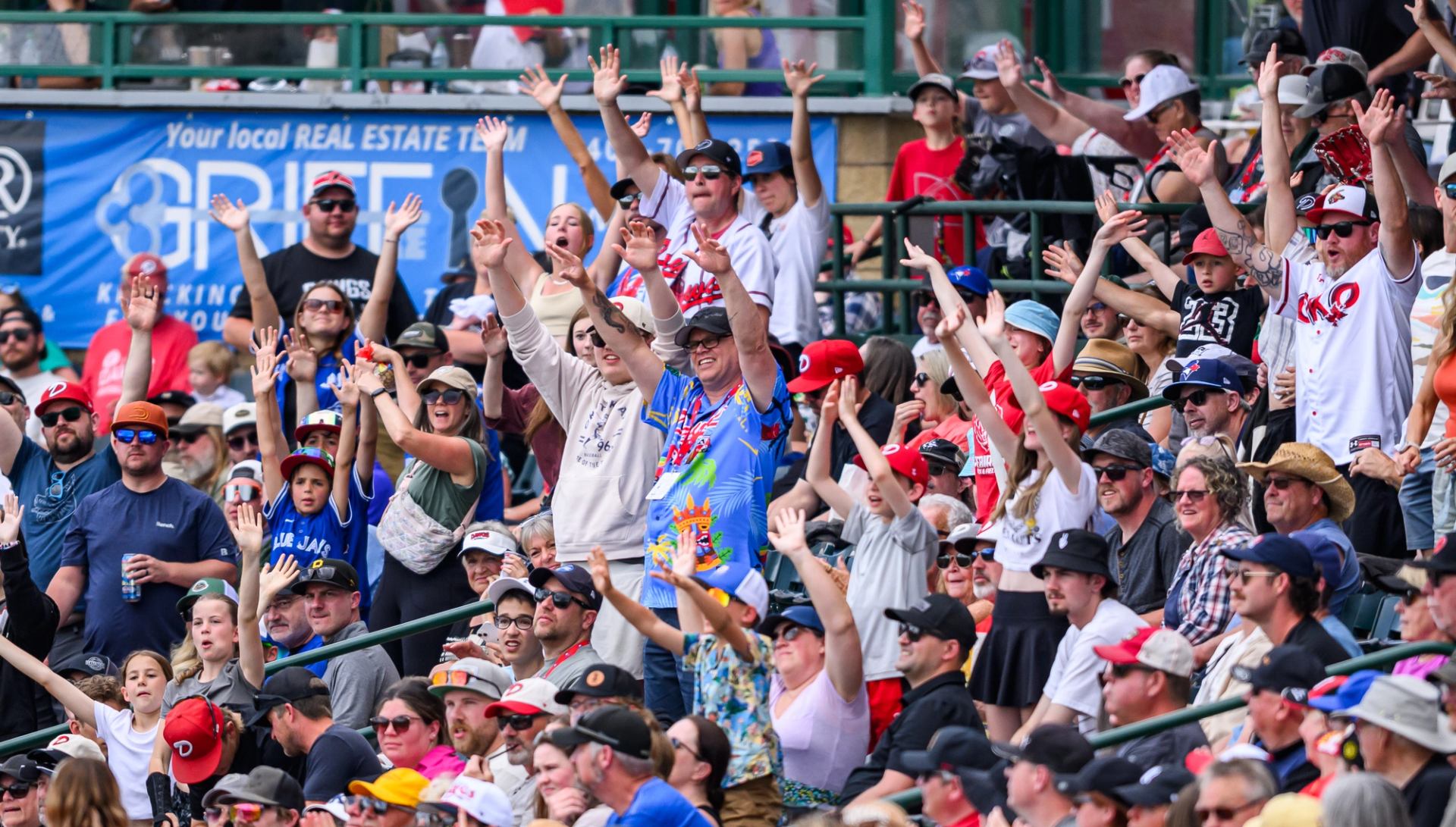 Excited baseball fans cheering in packed stadium stands.