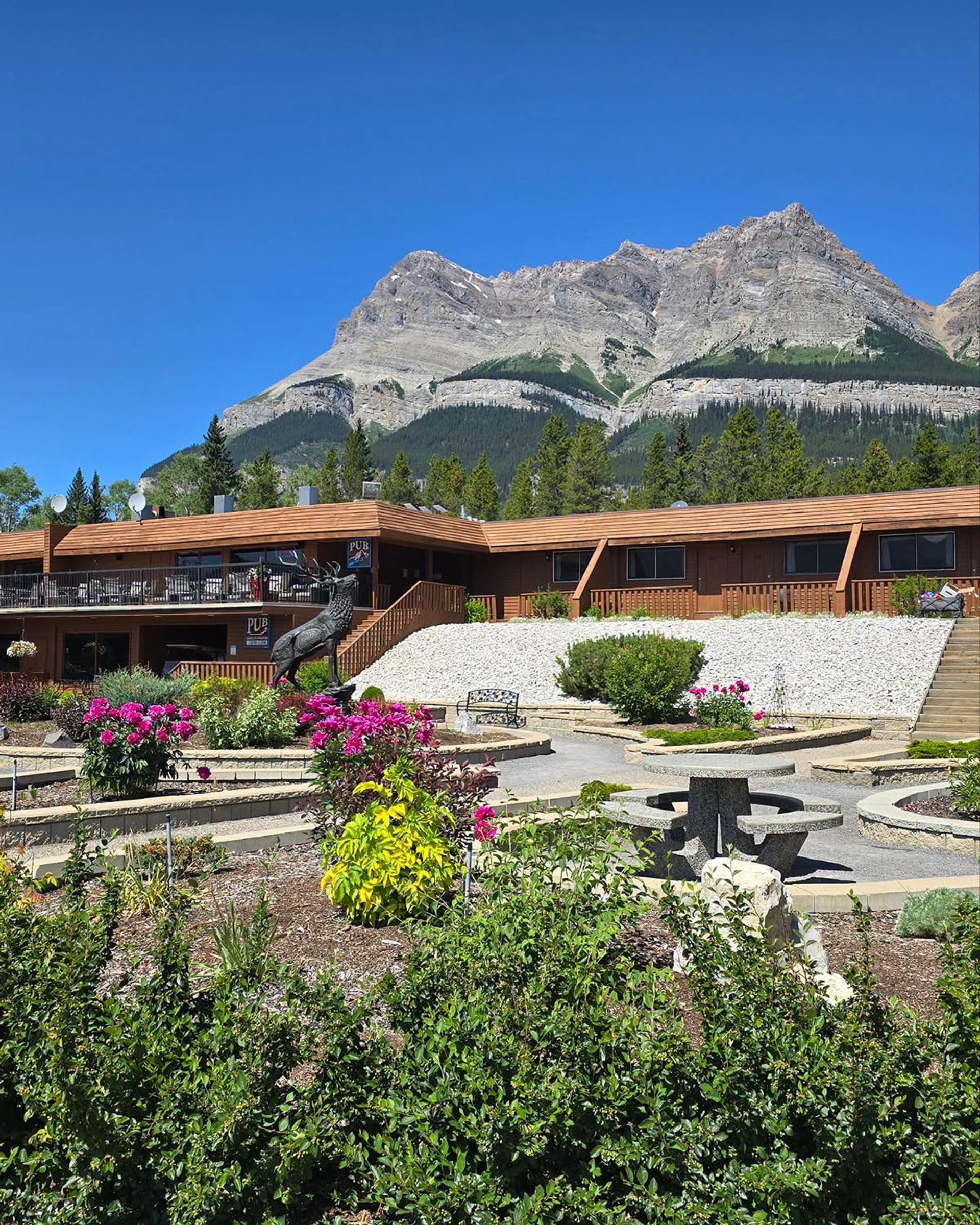 Mountain lodge with garden, flower beds and horse statue under clear blue sky.
