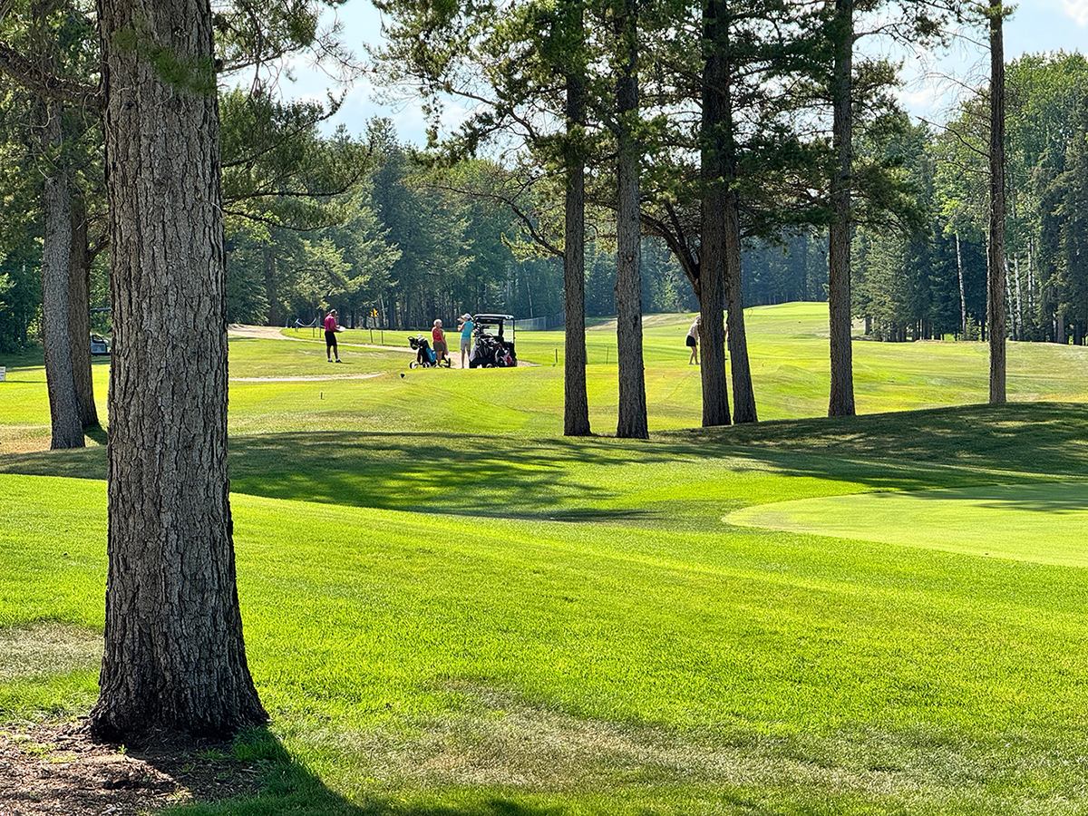 Golfers on a sunlit fairway at The Dunes Golf & Winter Club surrounded by trees and rolling greens.