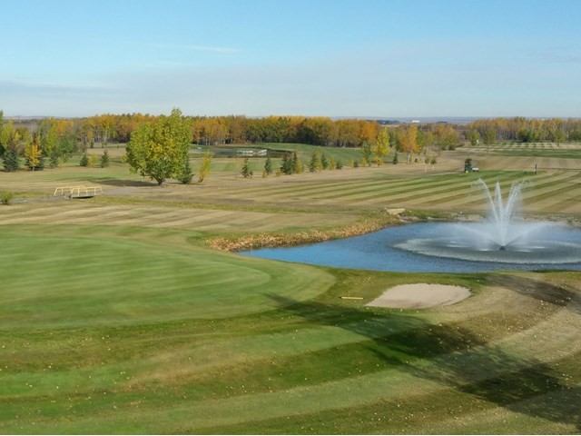 Lush green golf course with trees under a partly cloudy sky.