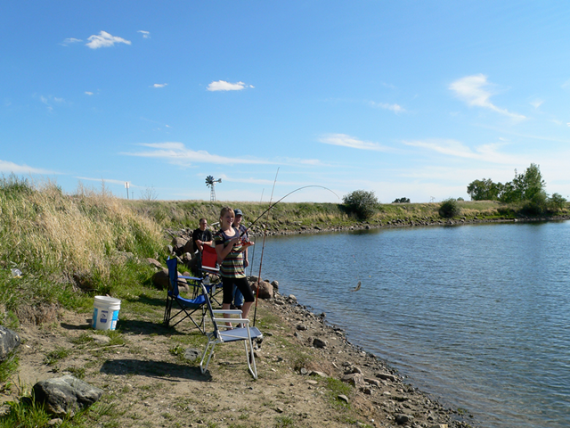 People fishing from lawn chairs beside a river, with fishing rods and grassy riverbank.