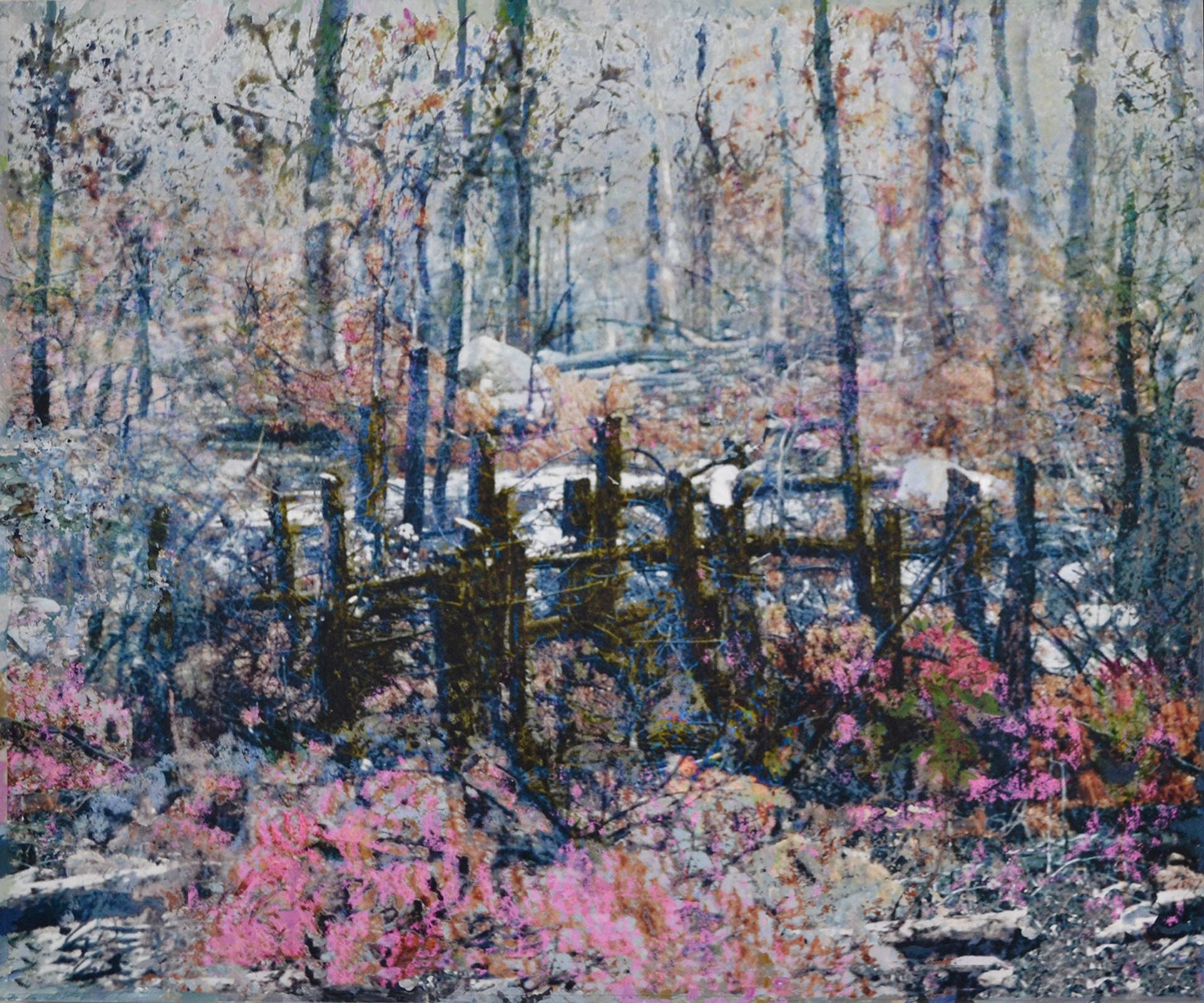 Robin Smith Peck painting in the woods during the winter with pinks, blues, greys, greens and browns