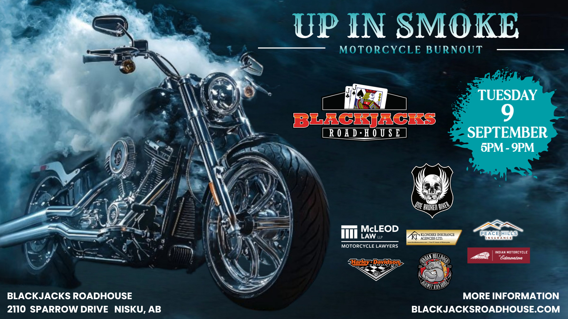 Motorcycle burnout competition flyer with smoke, black motorcycle, and “Up In Smoke” text.